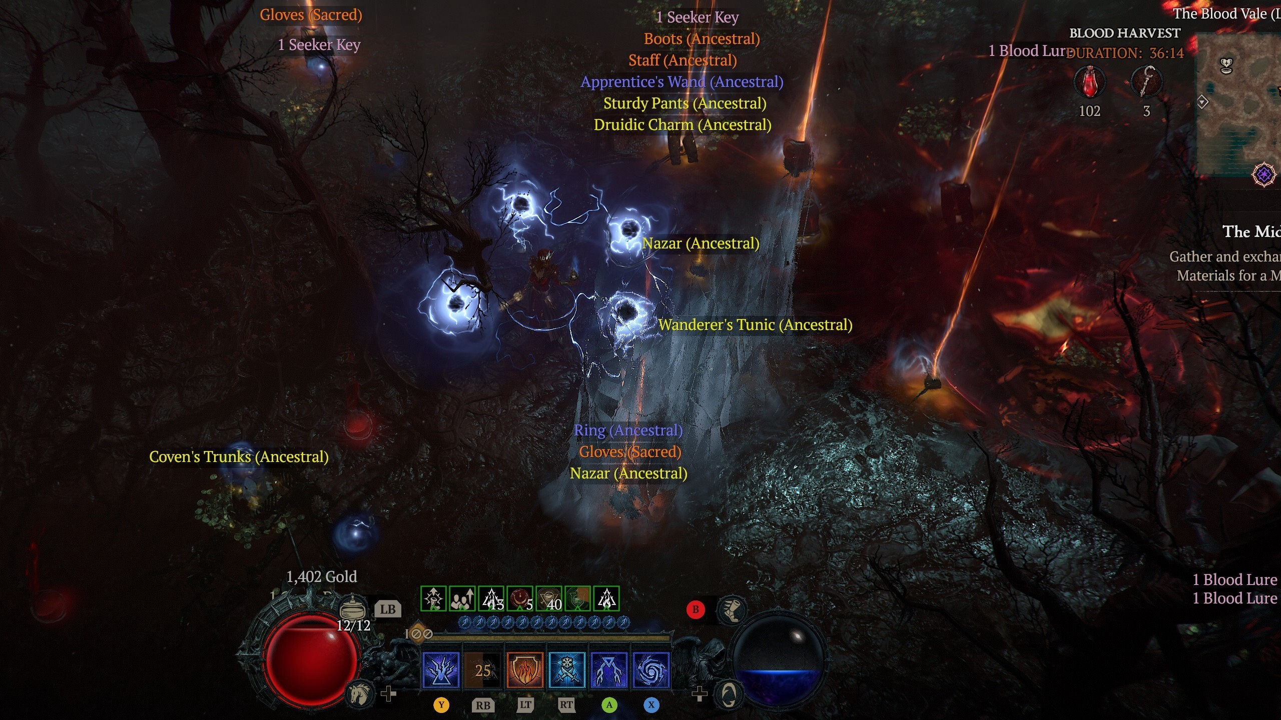 Une capture d'écran de Diablo 4 montrant un sorcier entouré de tas de butin provenant de l'activité saisonnière Blood Harvest.