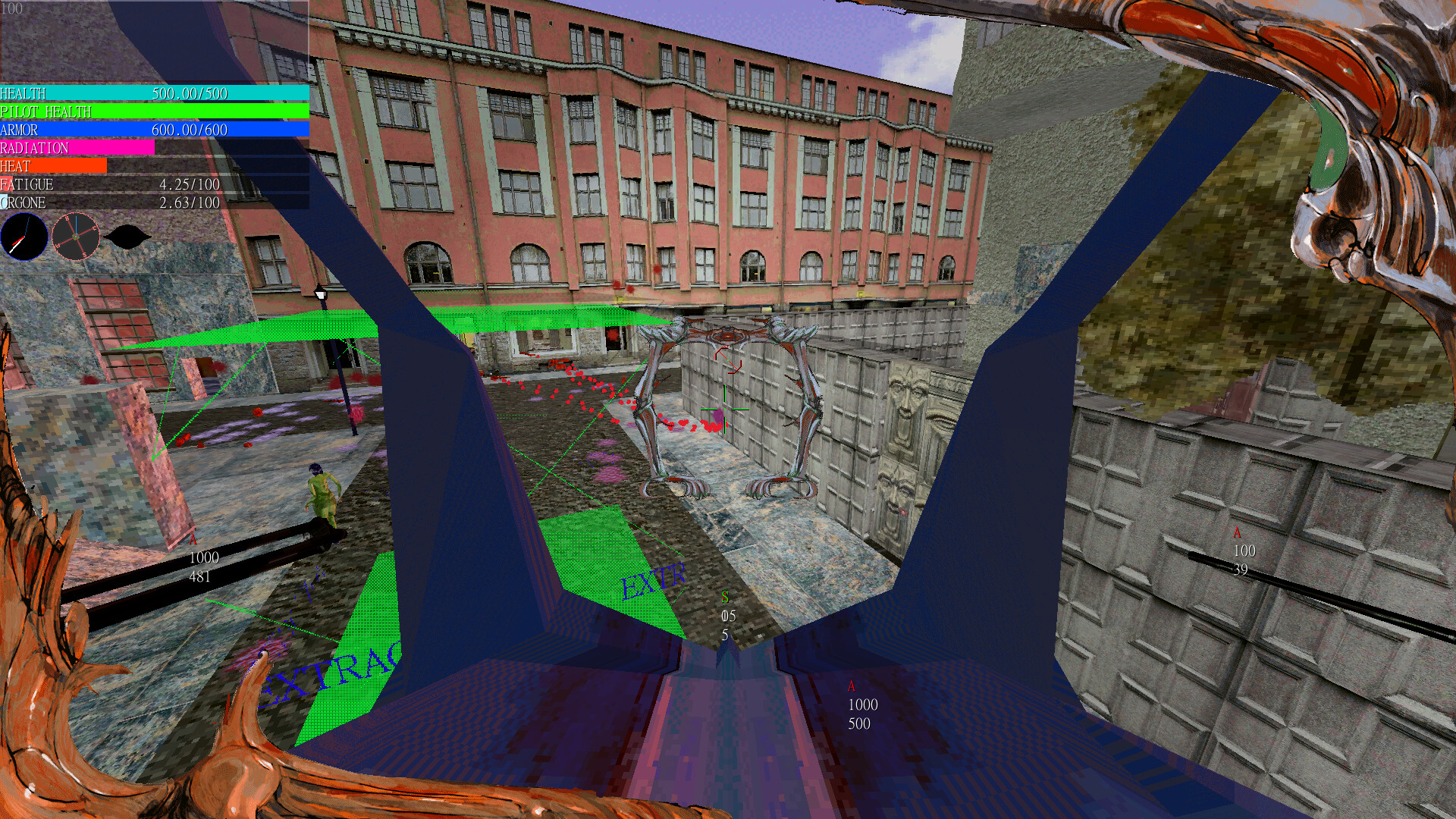Capture d'écran en cours de développement du jeu Psycho Patrol R. Il s'agit d'un style graphique low-poly et basse fidélité avec des couleurs et des éléments d'interface délibérément conflictuels.