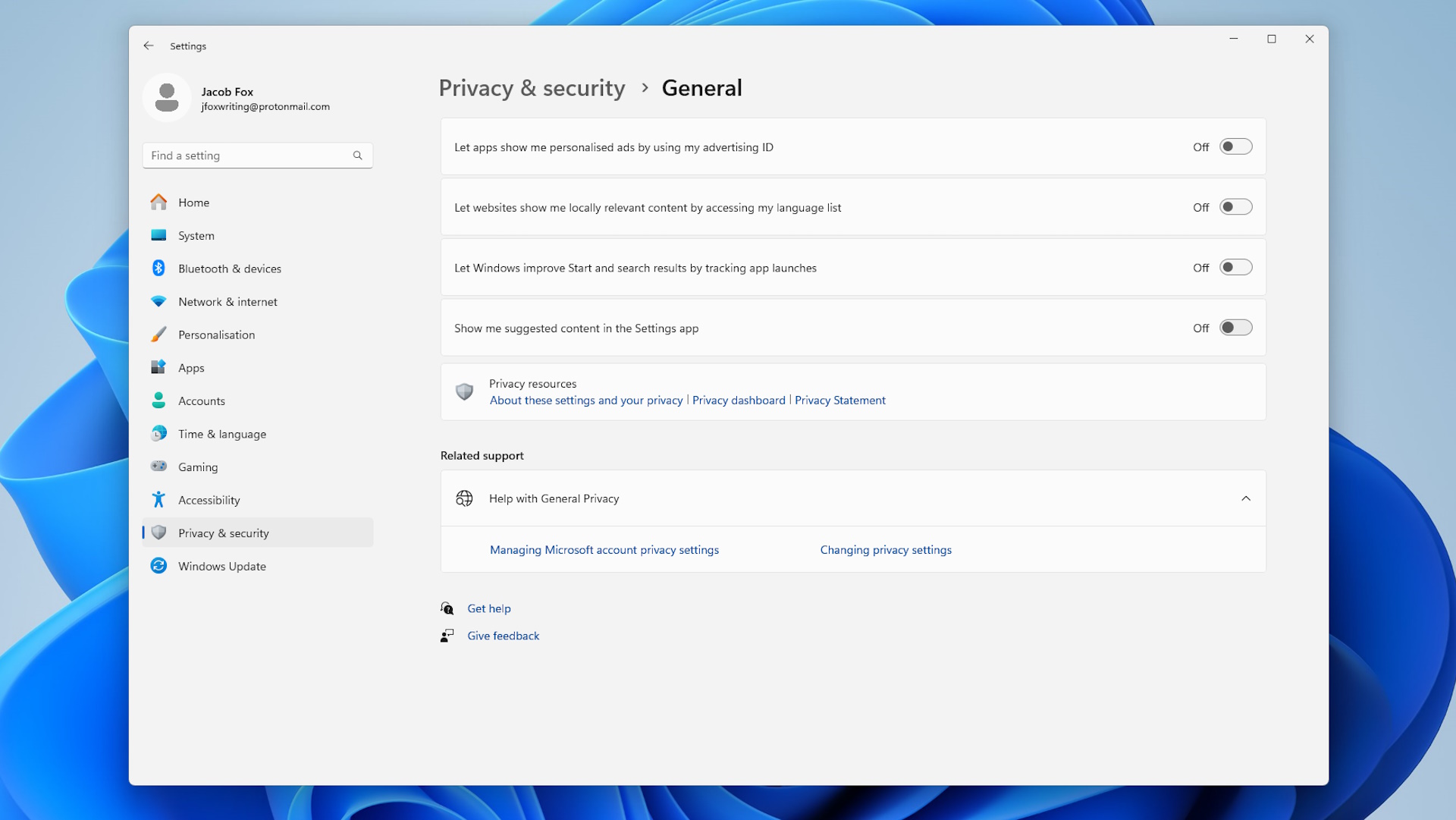 The Windows 11 privacy settings screen.