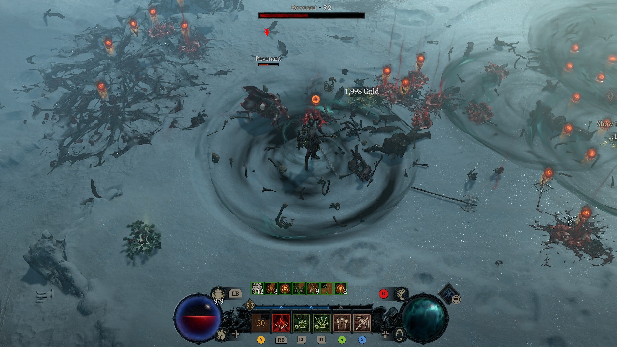 Une capture d'écran de Diablo 4 montrant un nécromancien entouré de sa capacité active Bone Storm, dans un champ enneigé jonché de cadavres et d'orbes de sang.