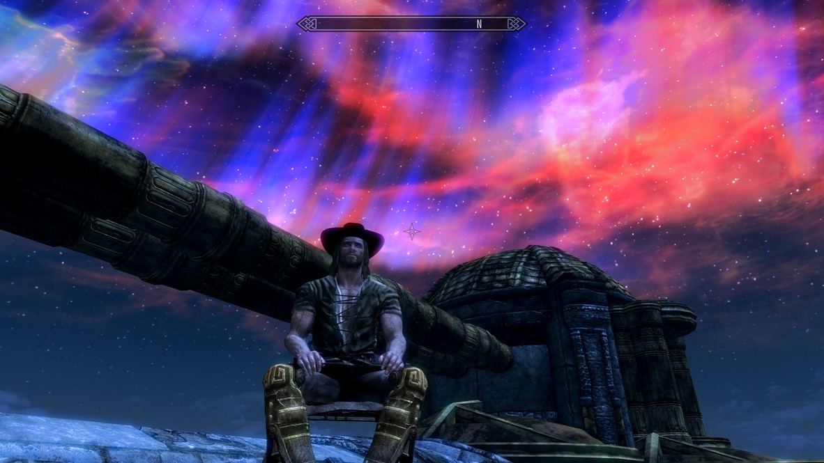 A nord sits atop a rocket in space, gazing forlornly out over the void.