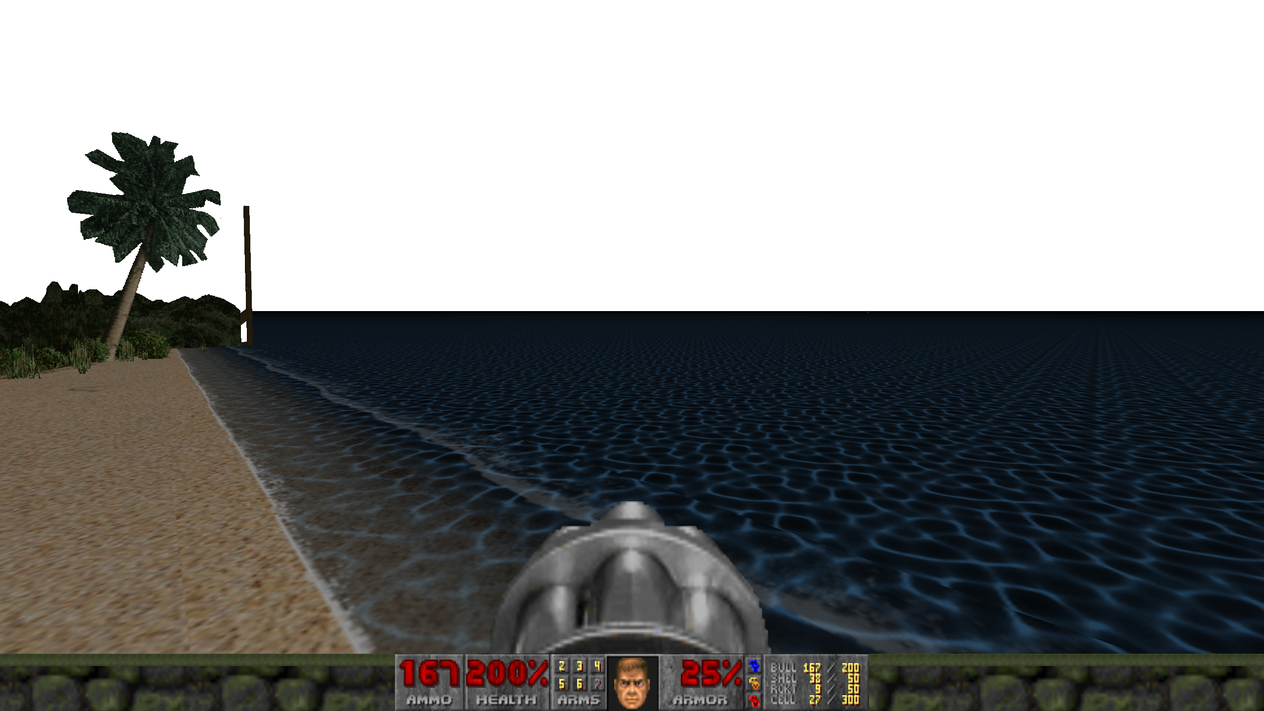 Le joueur regarde depuis une plage de Myhouse.wad.  Cela ressemble à une scène de jeu inachevée, avec la mer plate s’étendant dans un vide blanc sans relief.