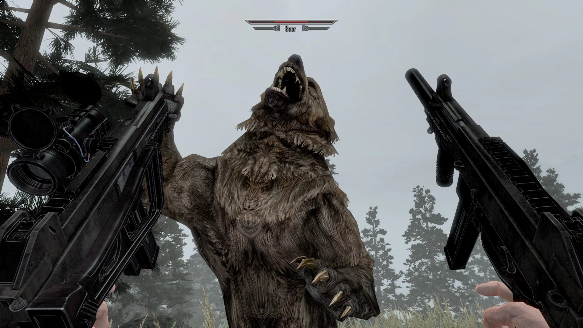 A bear rears up and swipes at the player-character, who is dual-wielding submachine guns, in Skyrim.
