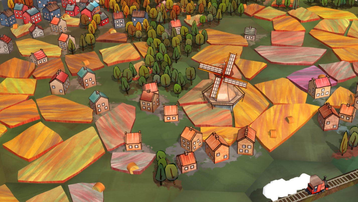 Une scène de campagne composée de tuiles hexagonales du jeu Dorfromantik.