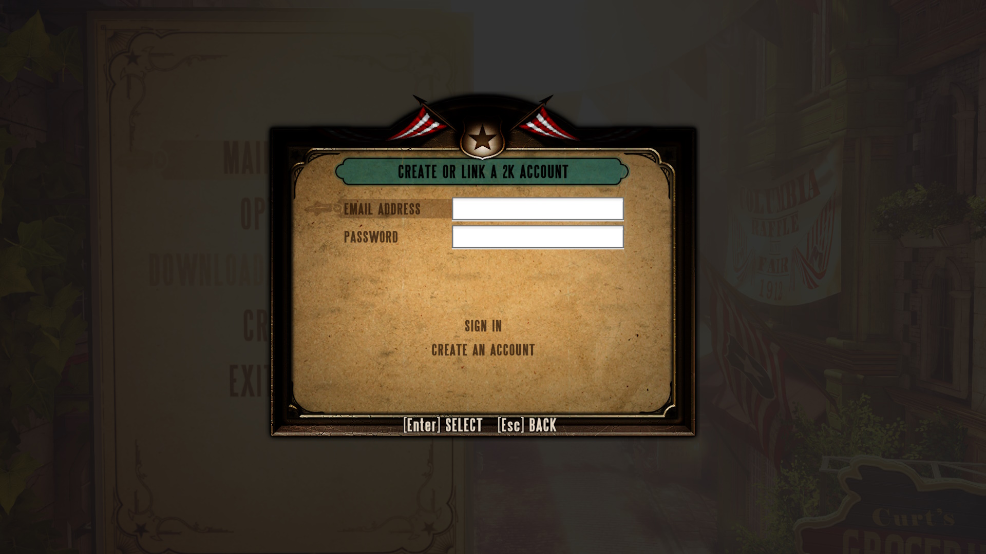 A screenshot of the Bioshock create account screen.