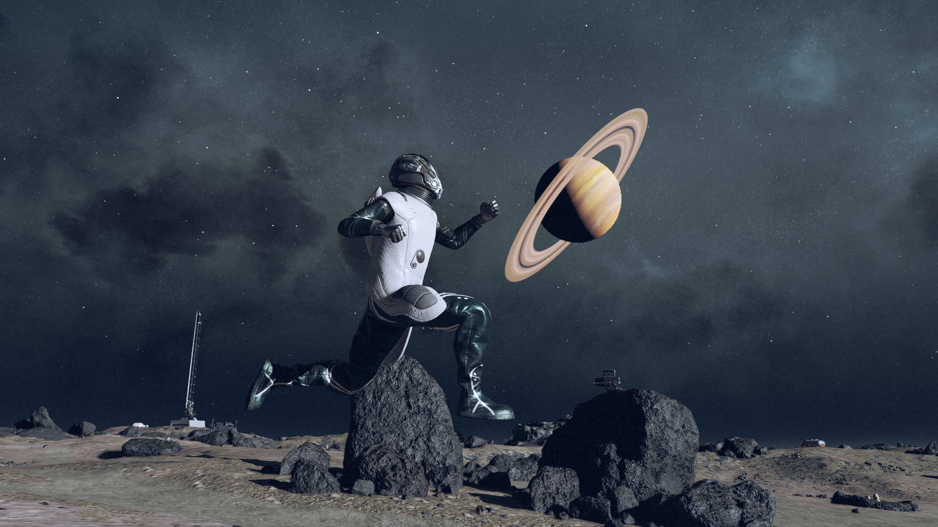 A player leaping into the sky on a barren moon in Starfield.