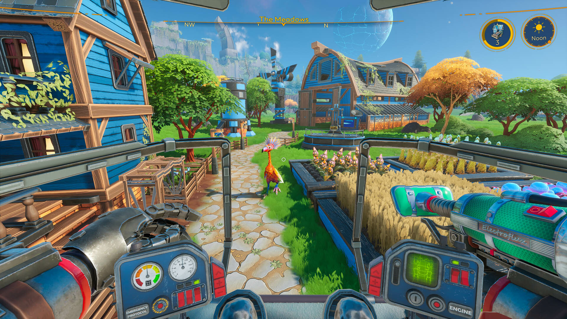 Lightyear Frontier - à la première personne, un joueur est assis dans un cockpit mécanique et regarde deux granges bleues, plusieurs jardinières et un oiseau extraterrestre aux plumes vives.