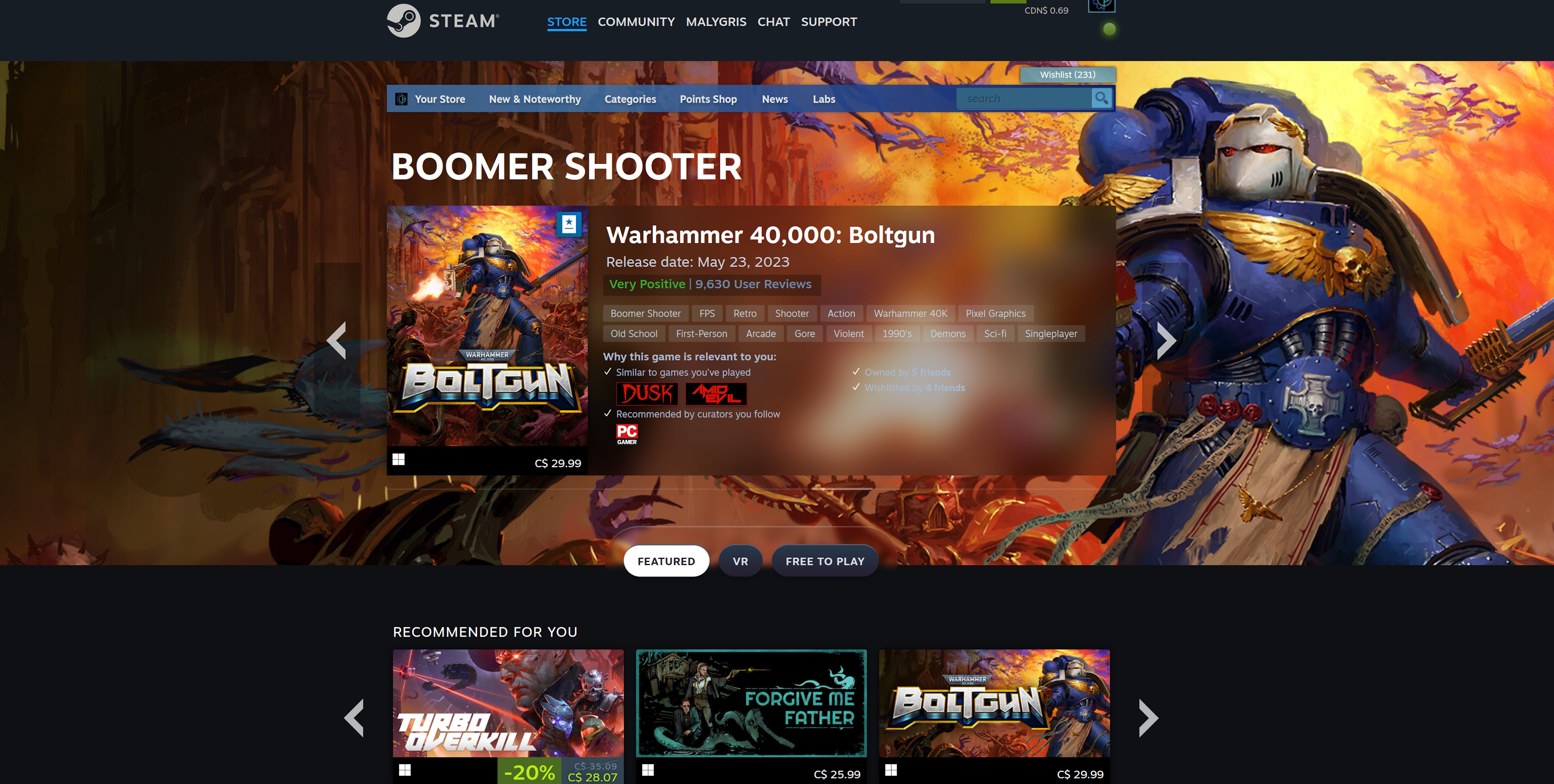 Page de la catégorie Boomer Shooter sur Steam