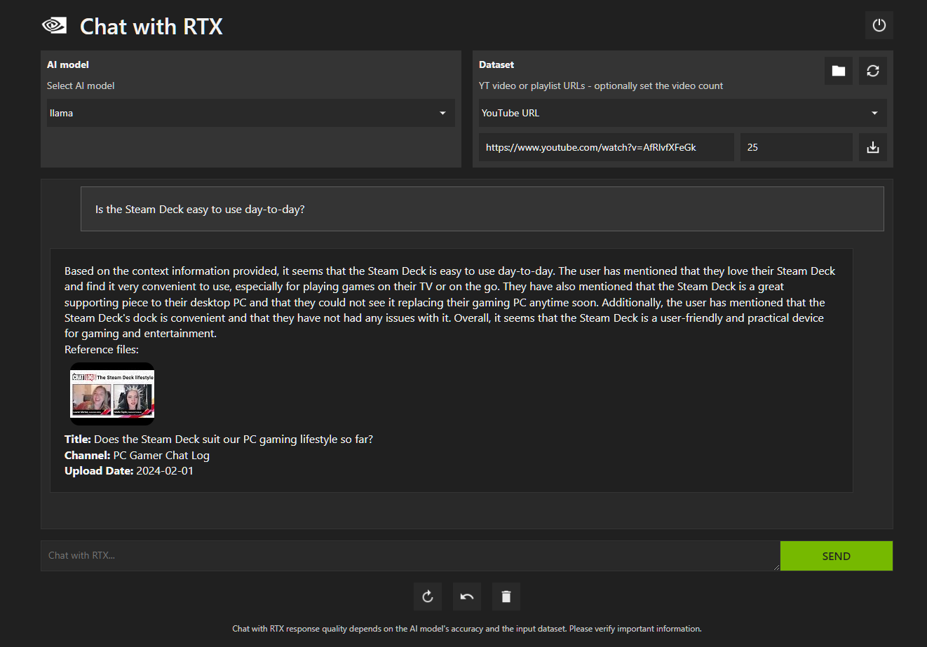 Utilisation du logiciel Chat de Nvidia avec RTX, qui propose un LLM formé personnellement.