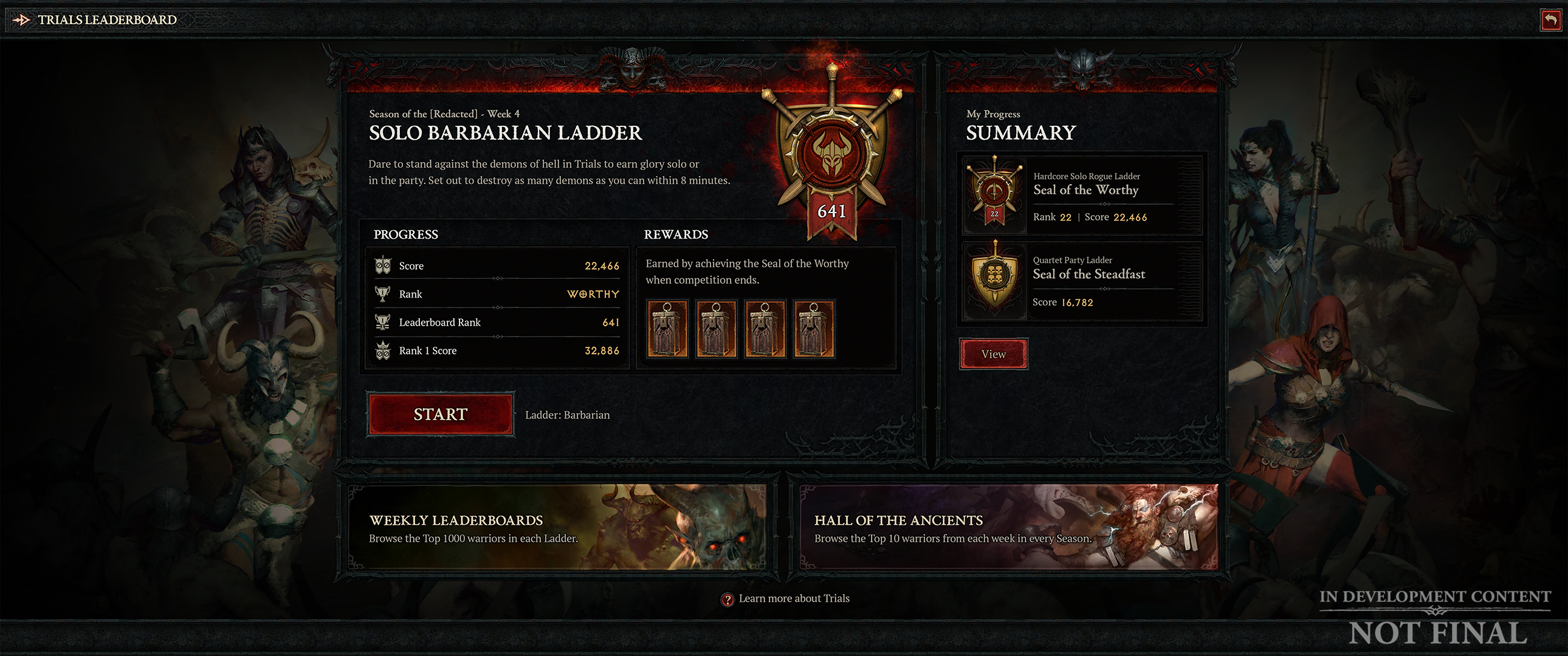 Capture d'écran de Diablo 4 d'un menu de classement en cours de travail
